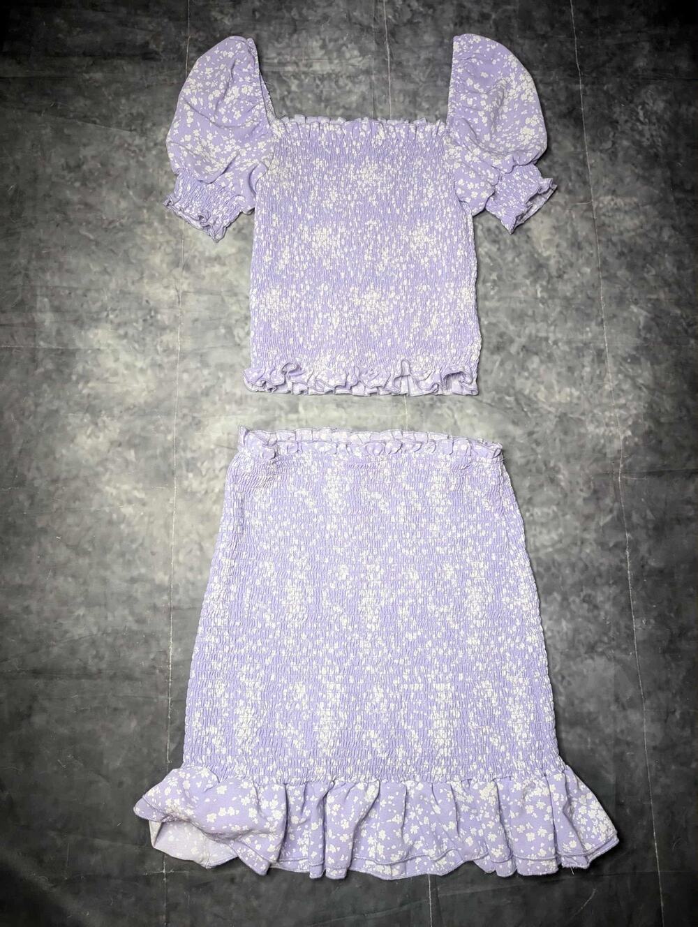 Revamped Purple Ditsy Floral Cropped Top Smocked Skirt Outfit Size S Spring